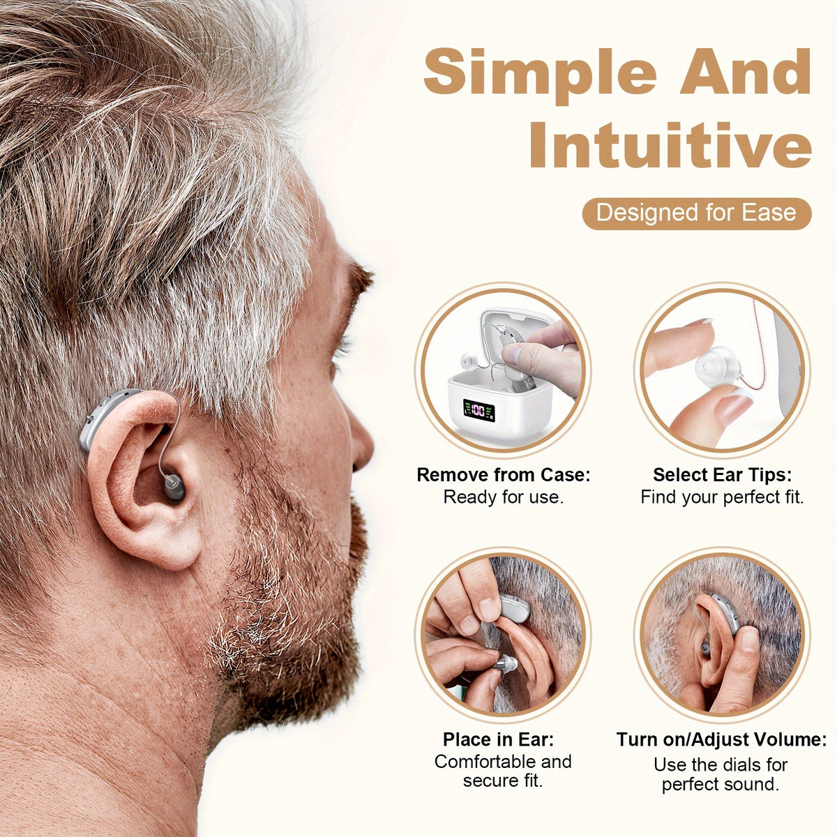 Rechargeable Hearing Amplifier with Listed Magnetic Charging Case, Silicone Ear Tips and Adjustable Listening Wording in TM802 Brown or Silvery Options for Adults