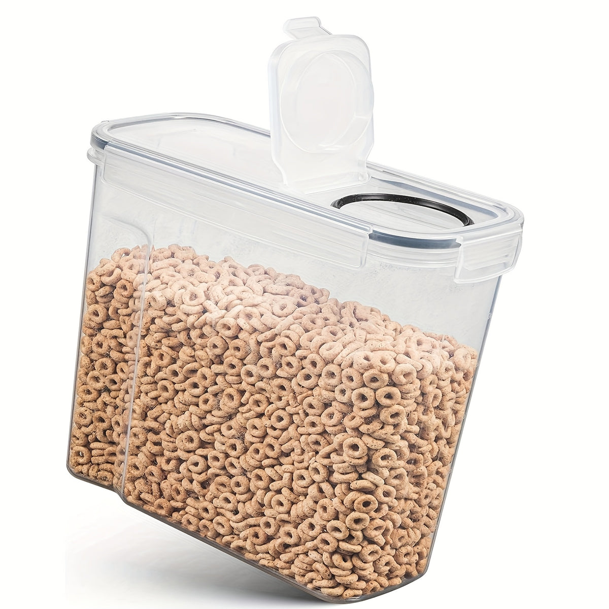 Cereal Storage Containers with Flip-Top Closures, Four Plastic Pantry Containers with Listed 135oz Capacity Each, One Measuring Cup and 20 Labels for Dry Goods