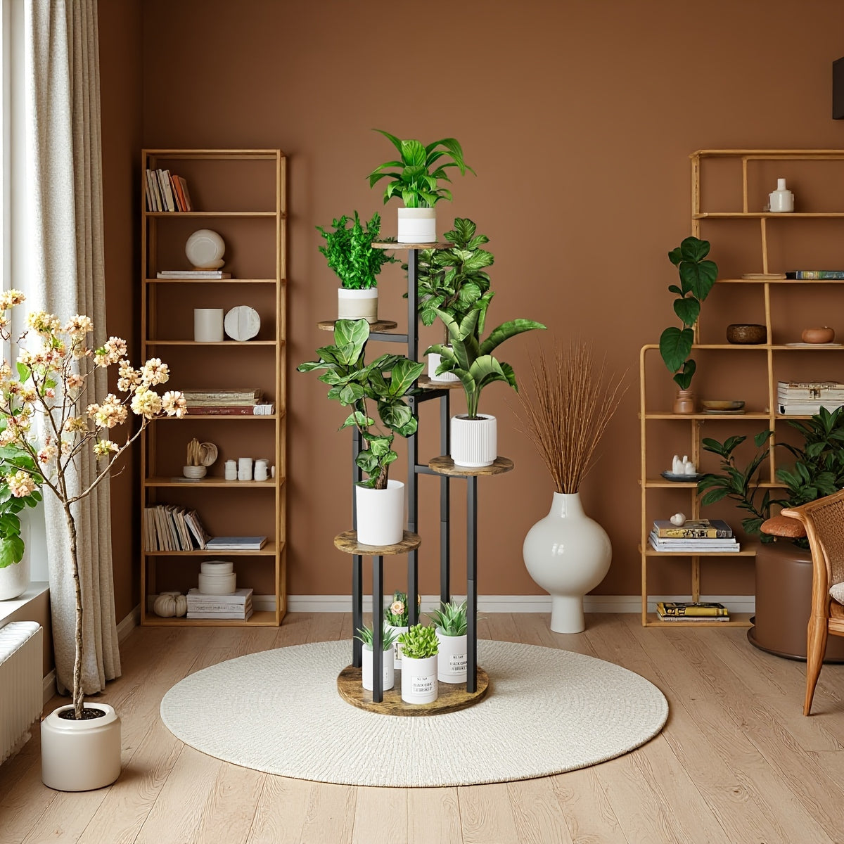 Six-Tier Metal Plant Stand by SUOERNUO with Listed Nine-Pot Display Layout, EVA Base Pads and Black or White Options for Indoor Corner Decor