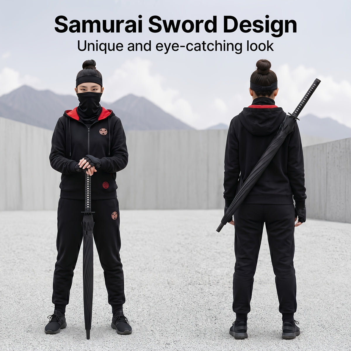 Samurai Umbrella in Black with Automatic Open and Close, Listed 24-Rib Steel Frame and Sword-Themed Styling for Rainy Days, Cosplay Outfits and Anime Fan Gifts