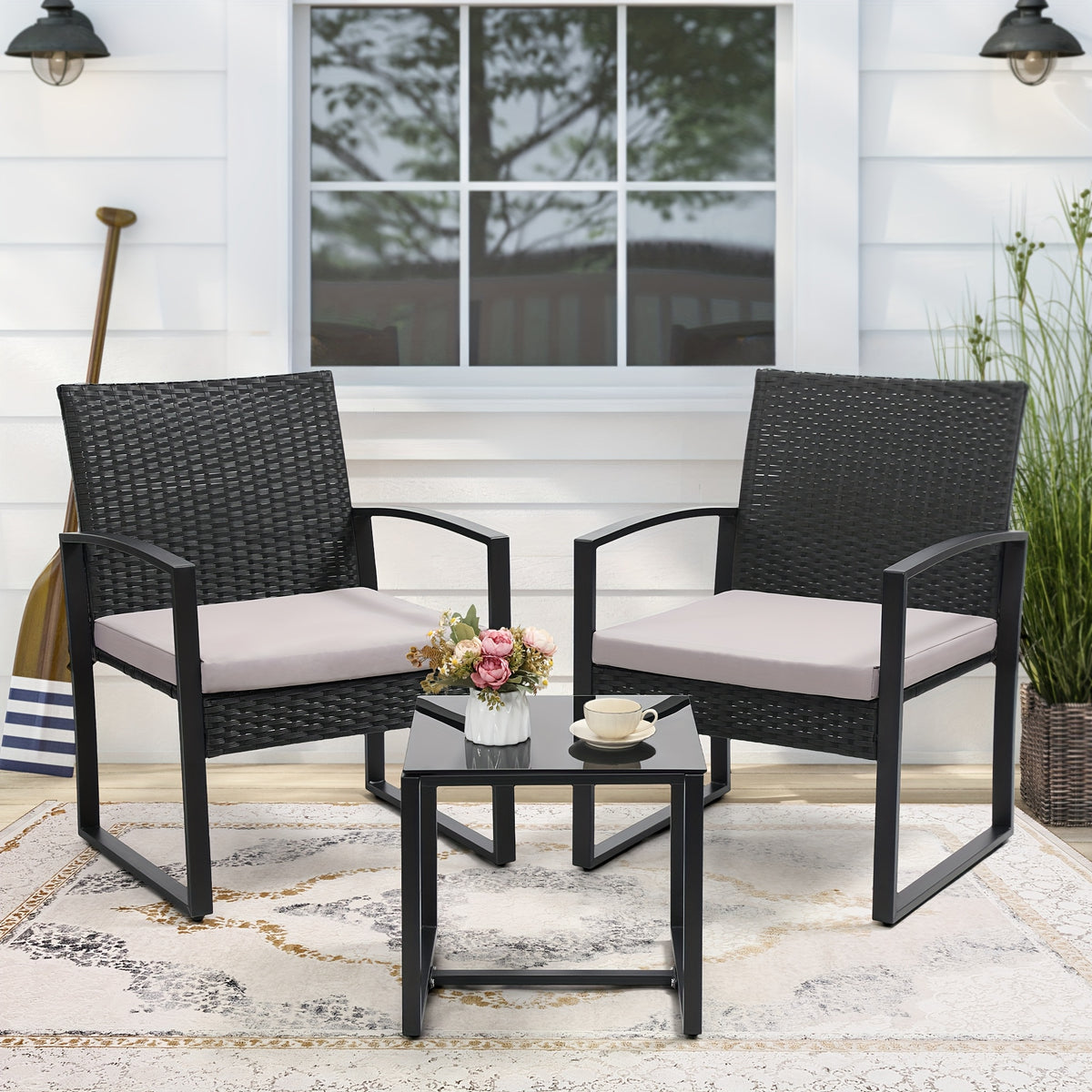 Patio Bistro Set with Black Rattan Styling, 3-Piece Outdoor Furniture with Tempered Glass Table and Gray or Black Cushions for Garden Seating and Coffee