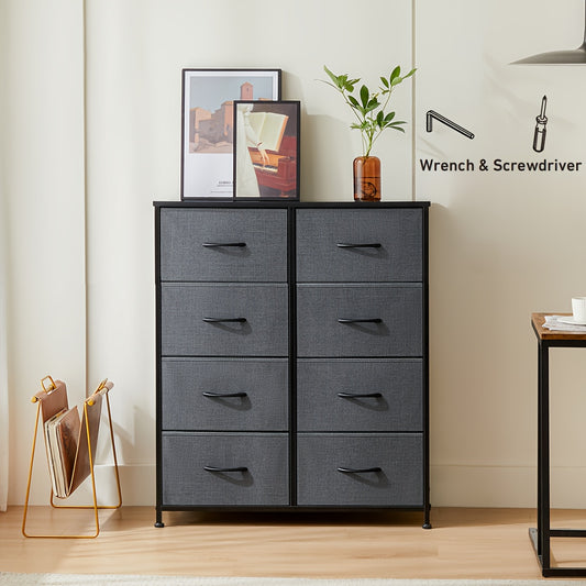 Eight-Drawer Storage Dresser with Fabric Drawers and Wood Top, Bedroom and Hallway Organizer in Rustic, Black or White with Listed Wrench and Screwdriver