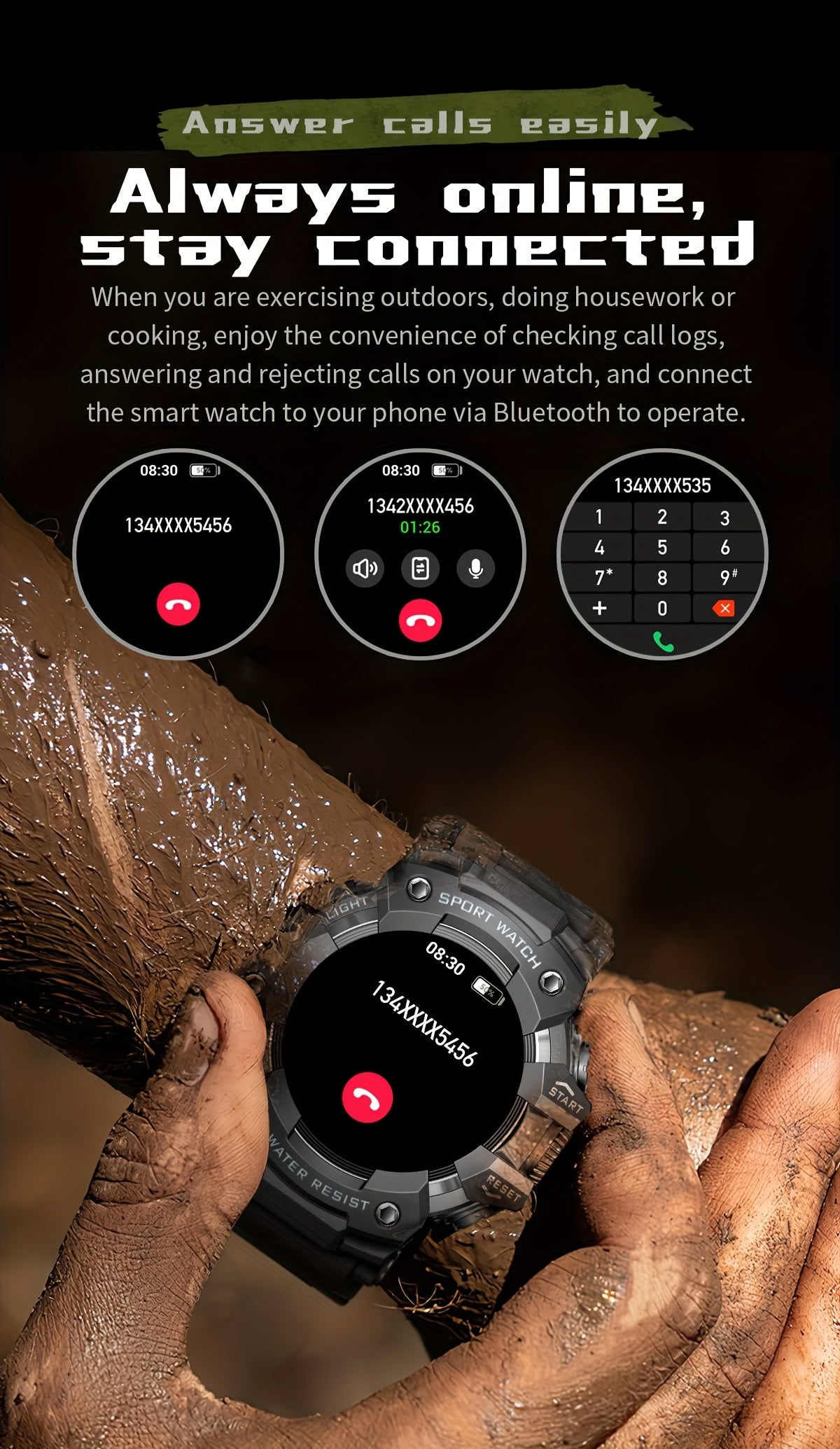 1.32-Inch TFT Smartwatch for Men with Calling, LED Flashlight, 100+ Sports Modes and Sleep Tracking, iPhone Android Compatibility in Eleven Color Options