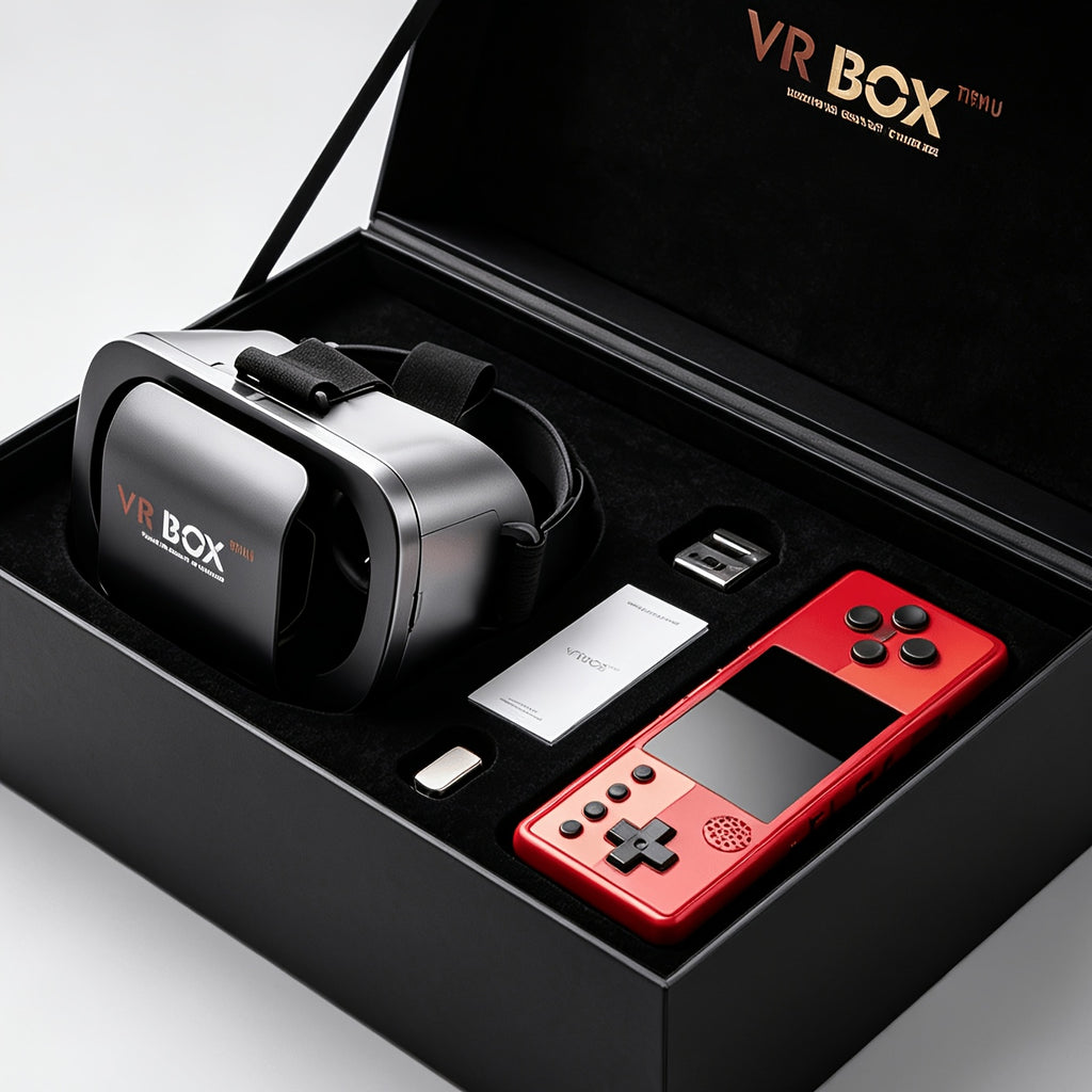 VR Glasses and Retro Handheld Game Console 2-Piece Set, Phone-Based 3D Viewer for Listed 5-7 Inch Smartphones with Separate Portable Gaming Device