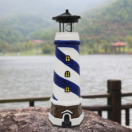 Solar Lighthouse Garden Decor with 360-Degree Rotating LED Light, Blue or Red Outdoor Statue Lantern for Patio, Courtyard and Nautical Landscape Displays