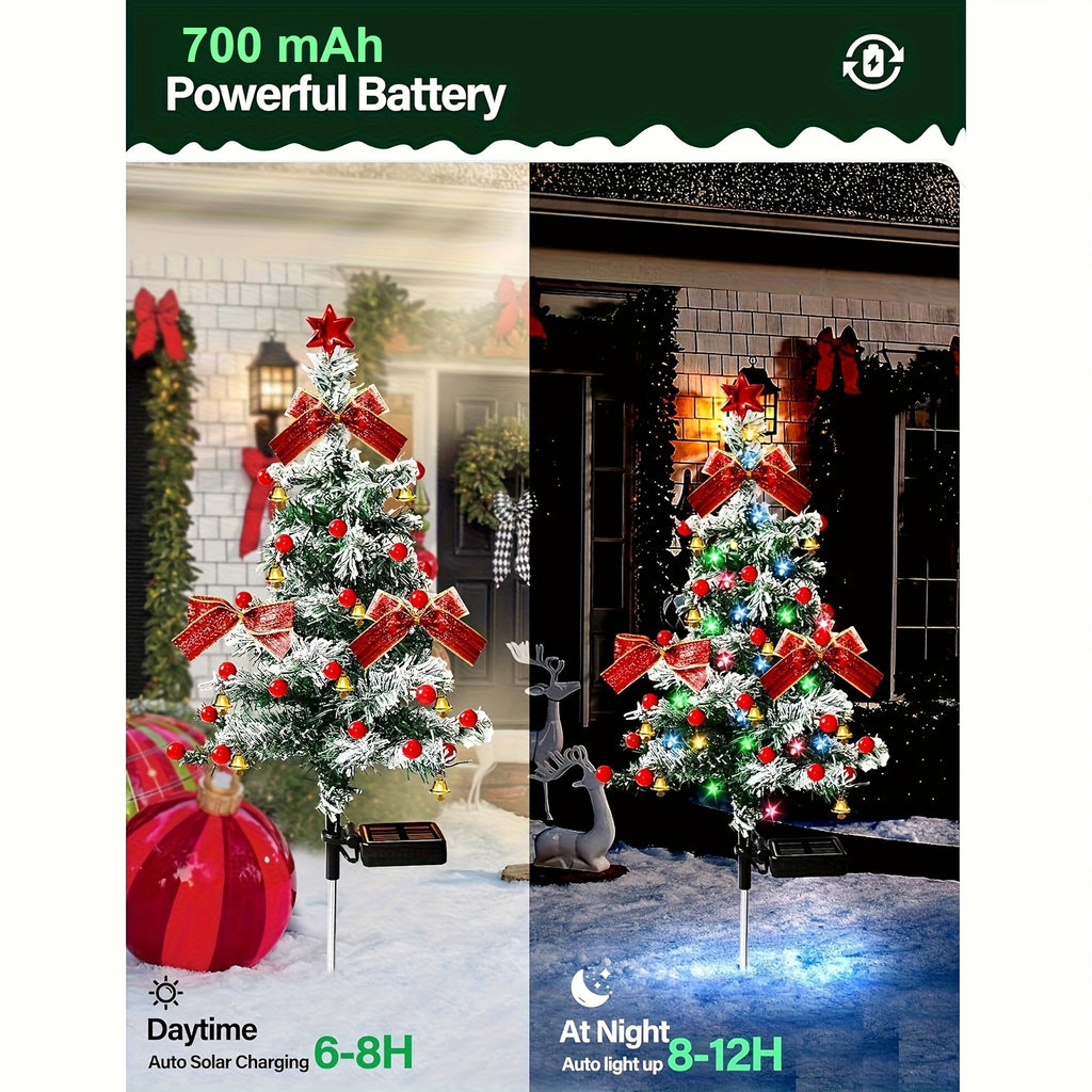 Cedar-Style Solar Holiday Tree Lights with Listed IP65 Rating and Star, Bow, Bell and Red Ball Decoration Wording, Two- or Four-Piece Labels for Lawn and Patio Decor