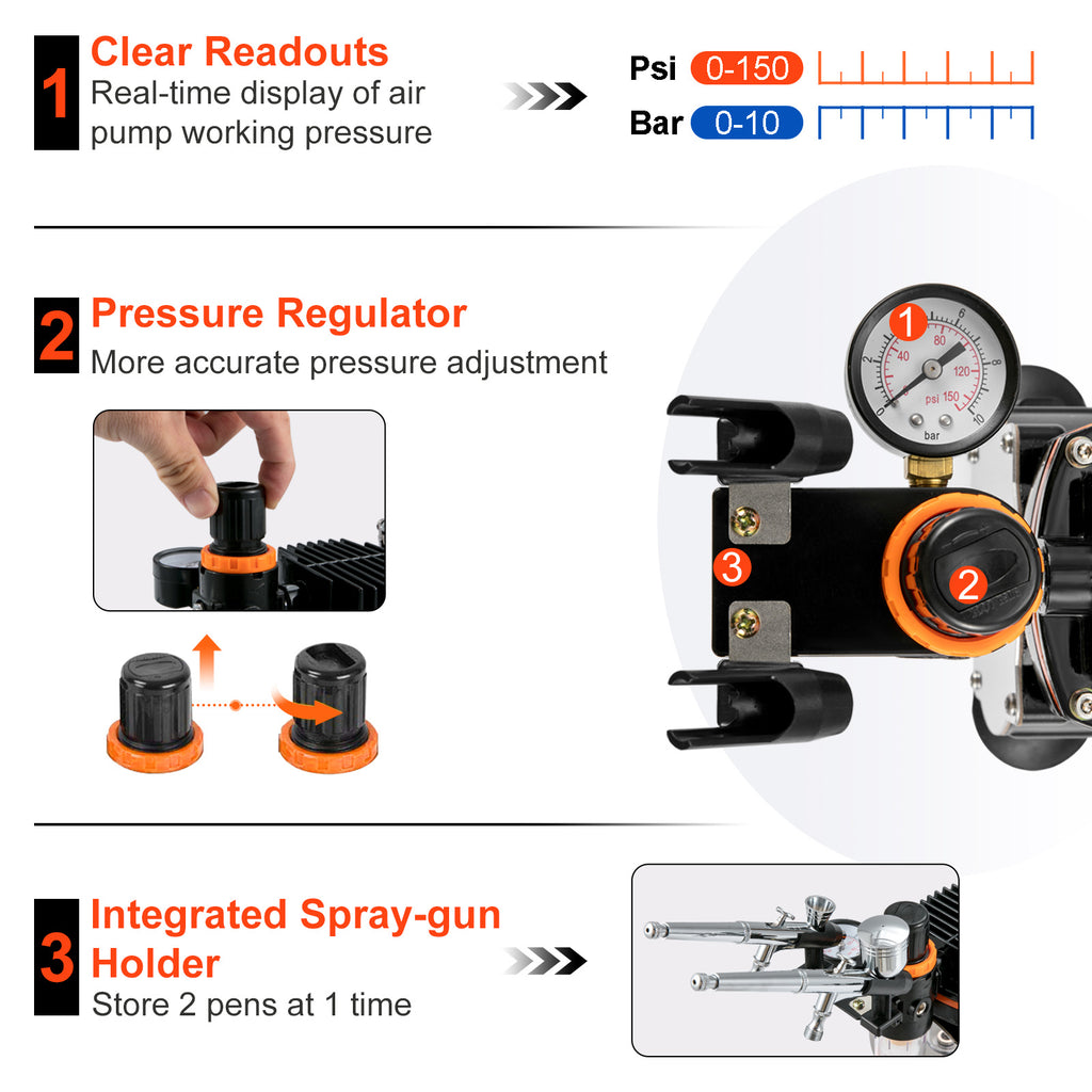 Compressor Airbrush Kit by VEVOR with Listed Dual-Action Gravity Feed Brushes, 0.2, 0.3 and 0.8mm Sizes and 120V 120W Power for Compatible Art and Model Painting