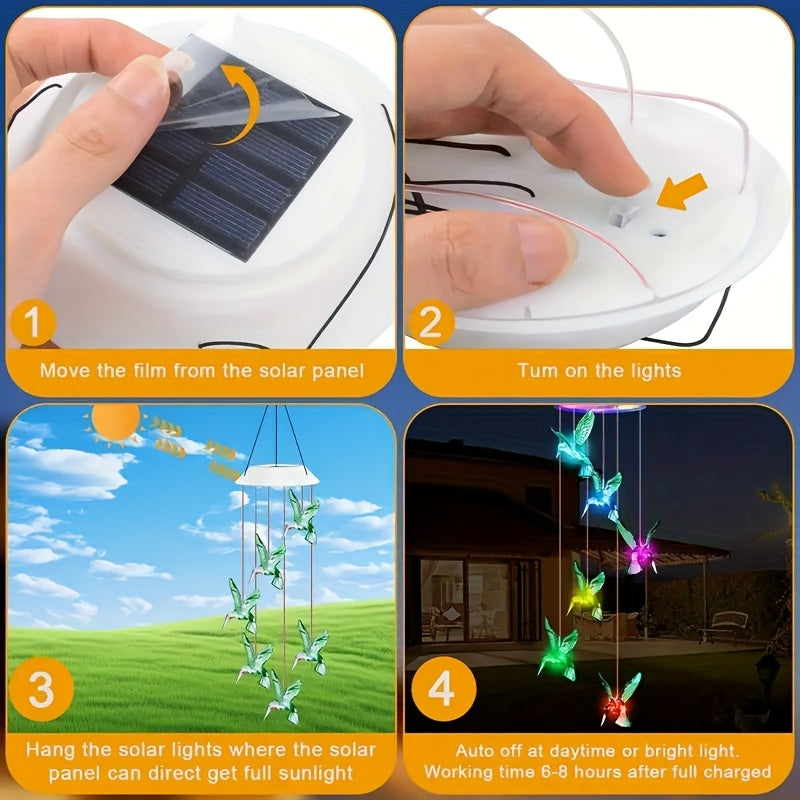 Solar Hummingbird Wind Chime Lights with Color-Changing Illumination, Single or Two-Pack Decorative Options for Garden, Balcony and Courtyard Accent Displays