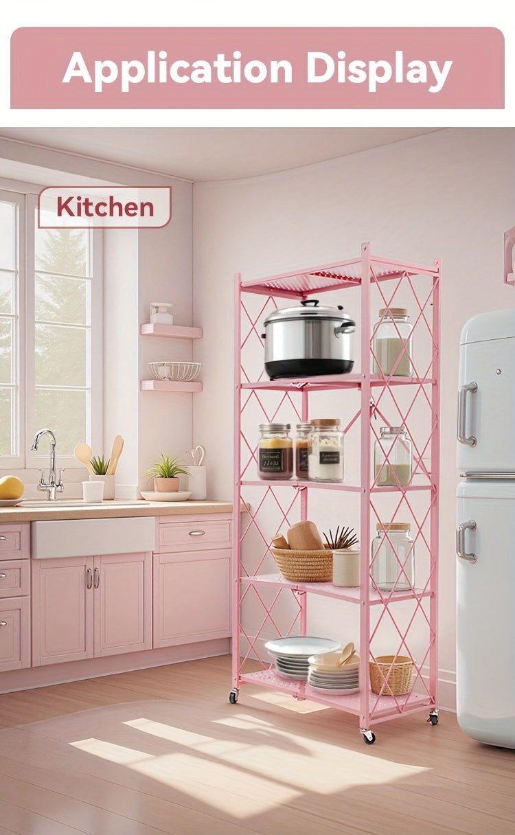 Rolling Folding Storage Rack with Metal Construction and Listed Locking Wheels, Three- to Five-Tier Model Labels for Kitchenware, Household and Dorm Organization