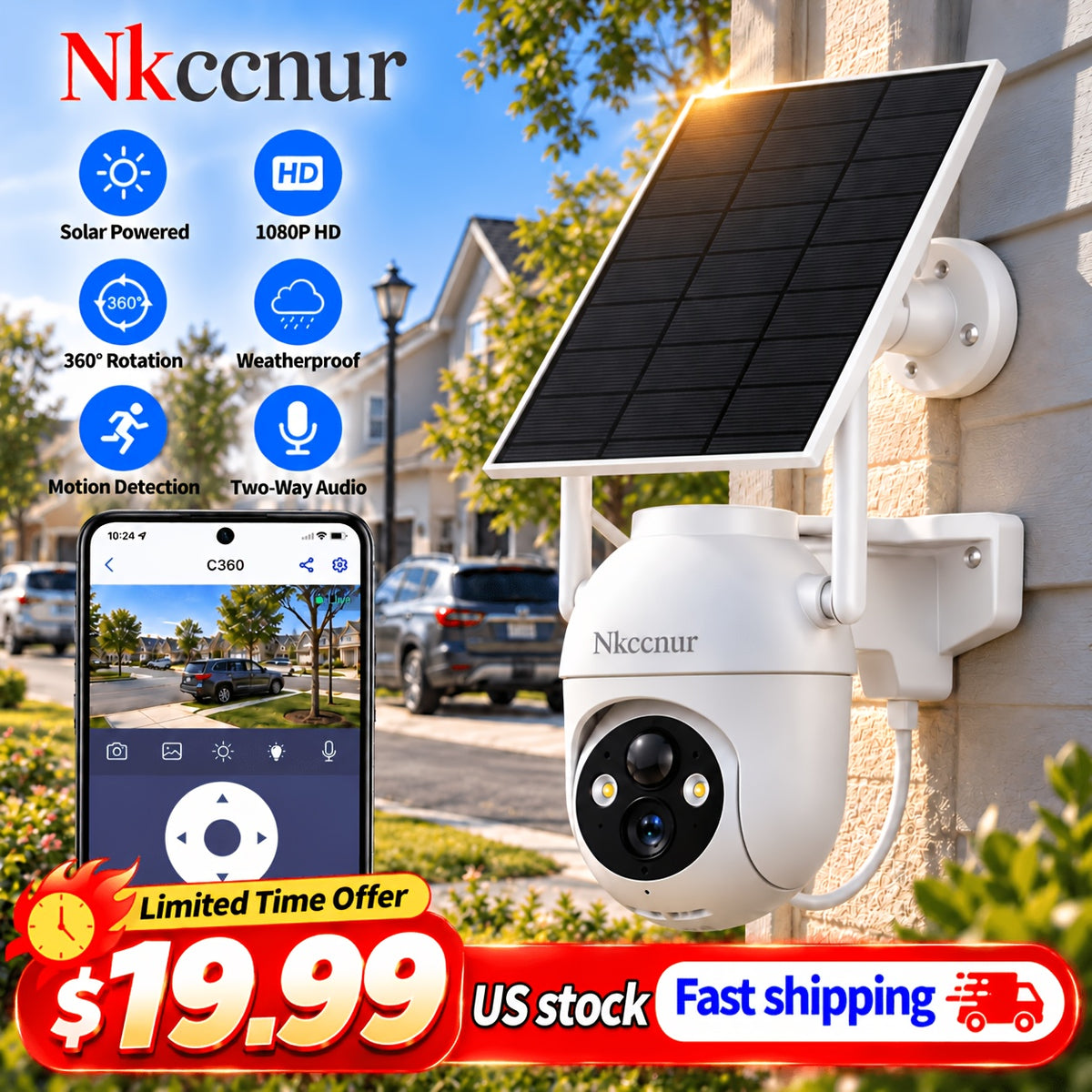 Outdoor Solar Security Camera with 1080P WiFi Video, 355° Pan-Tilt Rotation, Color Night Vision, AI Motion Detection & Two-Way Audio