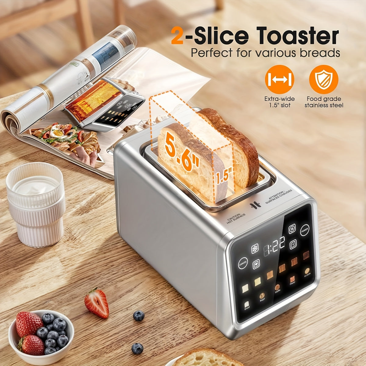 Digital Touchscreen Toaster, 2-Slice 900W Stainless Steel Model with 1.5-Inch Wide Slots, Memory Function, 5 Bread Types and 6 Shade Settings