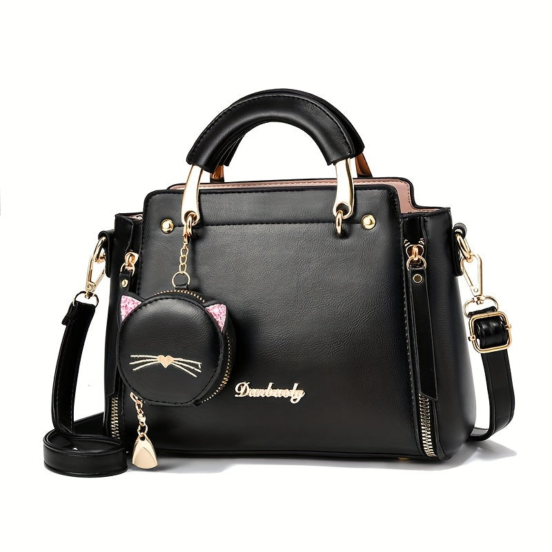 Mini Satchel Handbag with Kitten Pendant for Women, Top Handle Small Purse in Black, White, Pink, Purple, Khaki or Green for Coffee Dates and Casual Outings