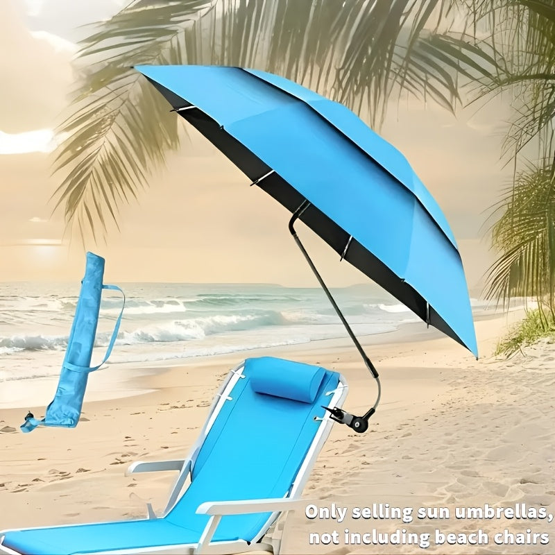 Clip-On Beach Parasol with Double Ventilated Top, Listed 360-Degree Angle Adjustment and Iron Frame in Navy Blue, Blue or Red for Camping and Fishing