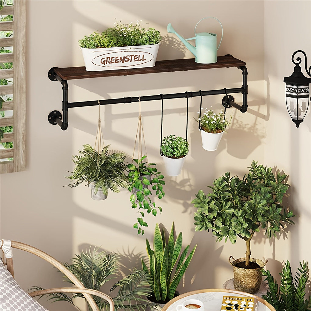 Industrial Pipe Clothes Rack by AESOME, 39.3-Inch Wall-Mounted Hanging Rod with Wood Top Shelf and Three Hooks in Black and Dark Brown for Closet Storage