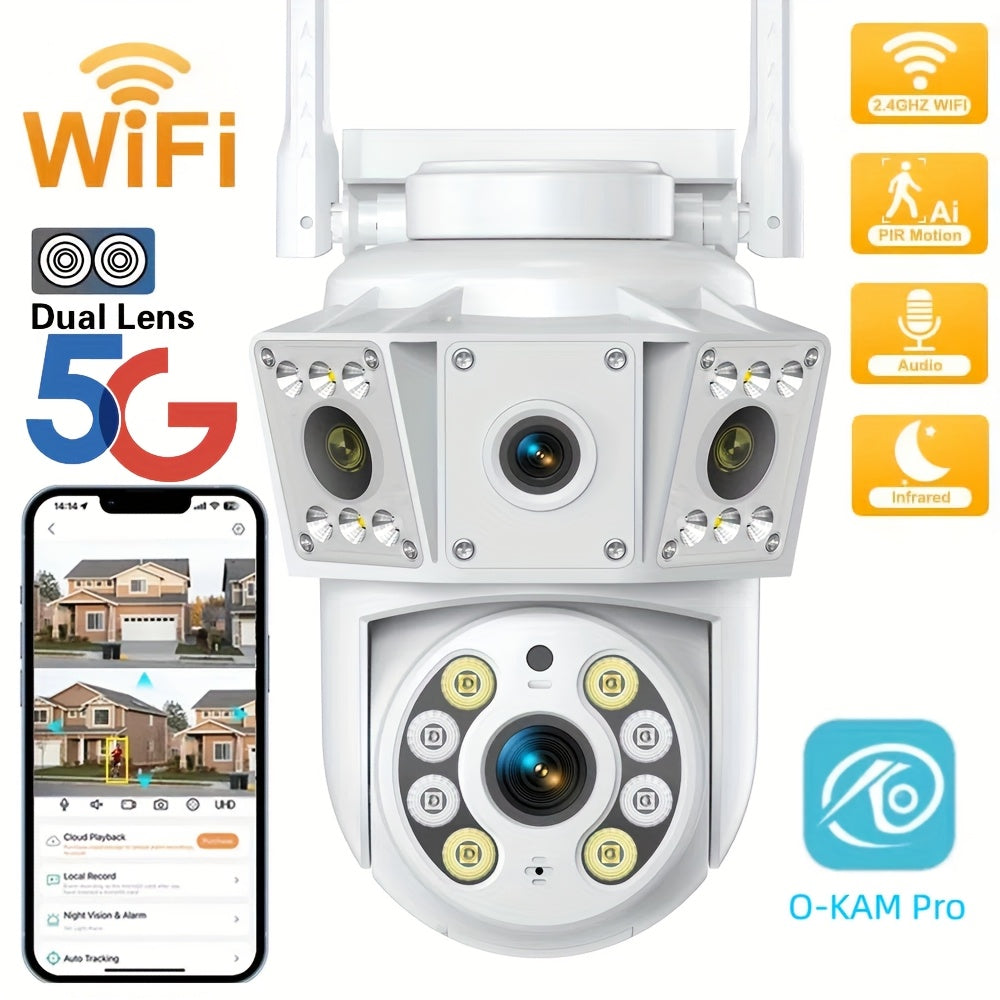 Dual-Band WiFi Surveillance Camera with Listed 6MP Dual Lenses, Human Tracking, Color Night Vision and Two-Way Audio in White for App-Based Home Monitoring