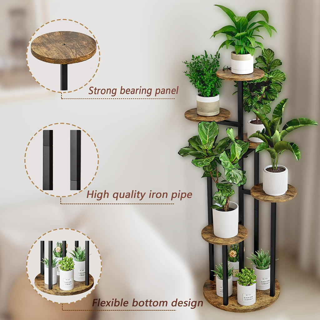 Six-Tier Metal Plant Stand by SUOERNUO with Listed Nine-Pot Display Layout, EVA Base Pads and Black or White Options for Indoor Corner Decor