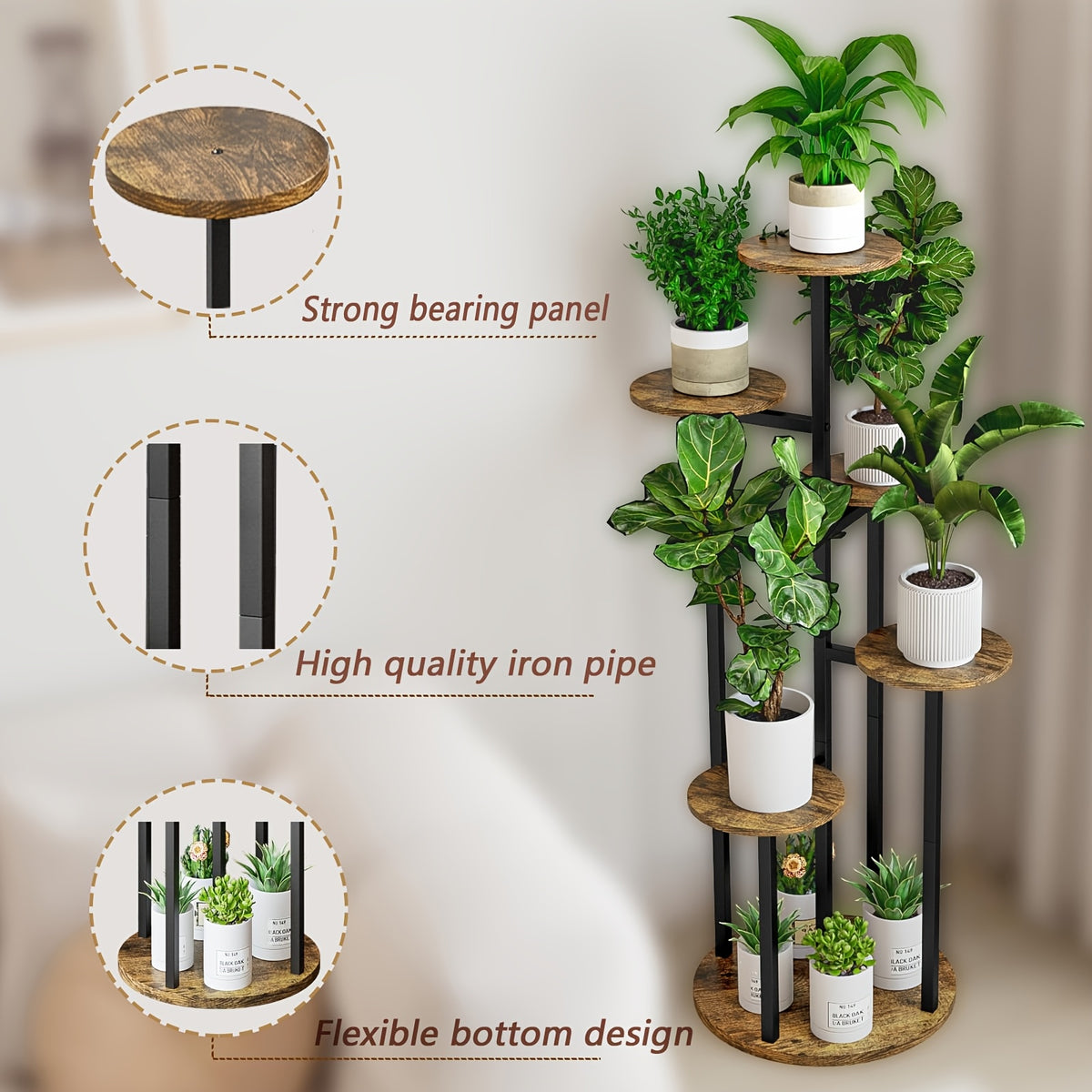 Six-Tier Metal Plant Stand by SUOERNUO with Listed Nine-Pot Display Layout, EVA Base Pads and Black or White Options for Indoor Corner Decor