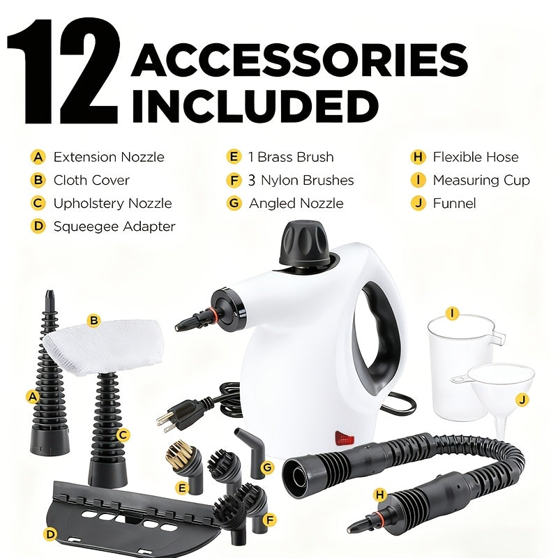 High Pressure Steam Cleaner HK004 in White, 1050W Handheld Cleaning Tool with 12 Accessories for Compatible Kitchen Surfaces, Bathroom Tile and Windows