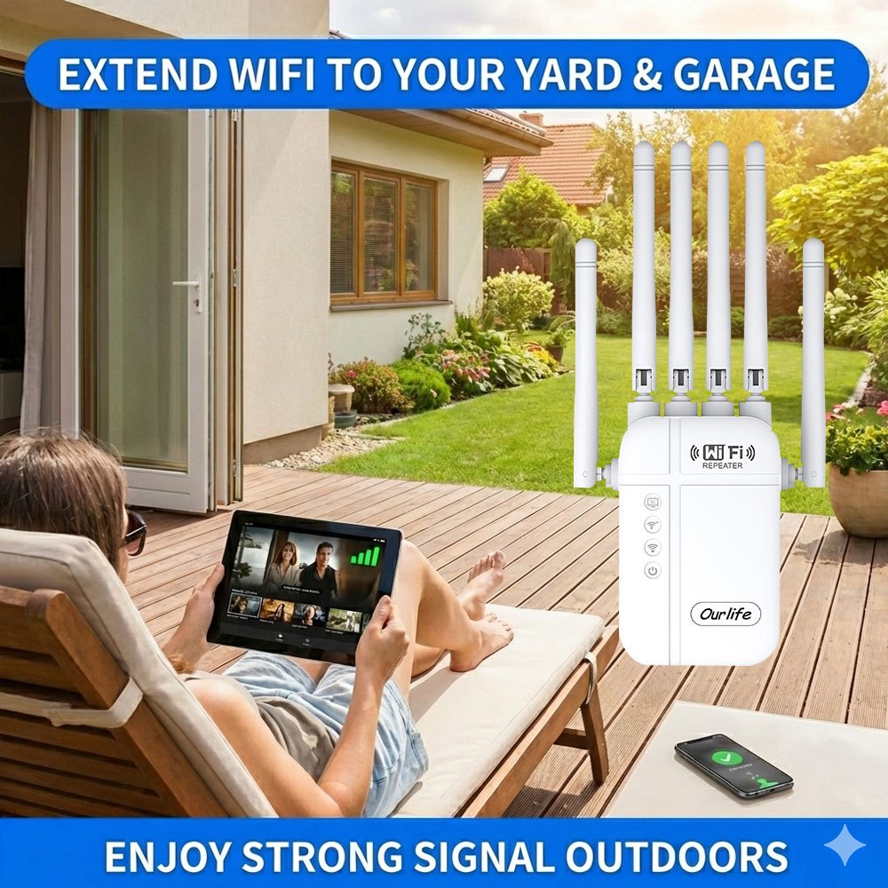 Six Antenna WiFi Repeater with Ethernet Port and One-Click Setup, Listed 1800Mbps Advanced Signal Booster for Compatible Home Wireless Network Extension