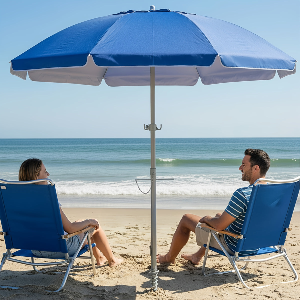 7ft Beach Umbrella with Sand Anchor and Tilt Adjustment, Vented Oxford Cloth Canopy with Fiberglass Ribs in Solid Blue, Baby Blue Stripes or Dark Blue Stripes