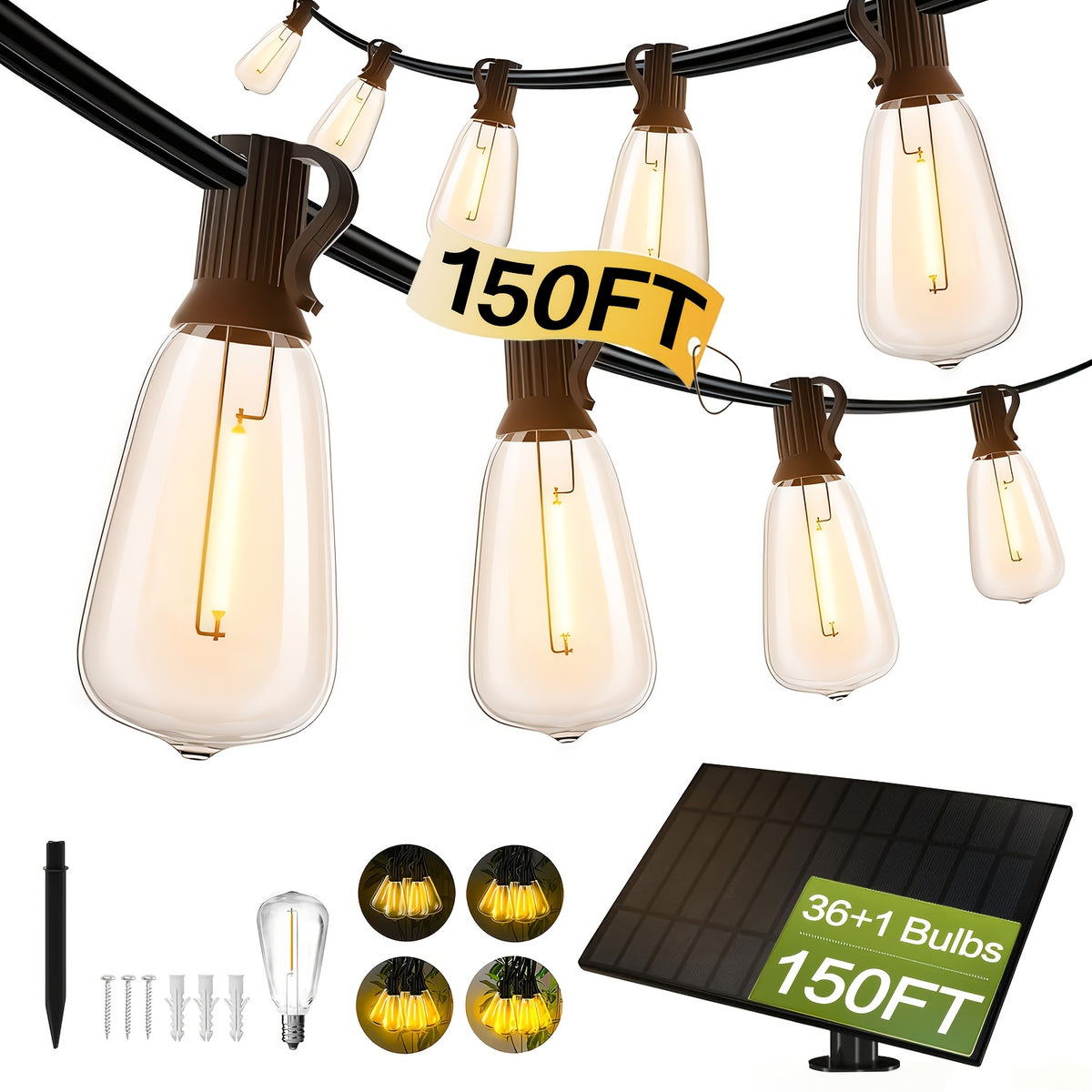 ST38 Solar Patio String Lights with Listed 2700K Warm Light and E12 Base, 100 to 200ft Length Options for Garden, Courtyard and Party Backdrop Decoration