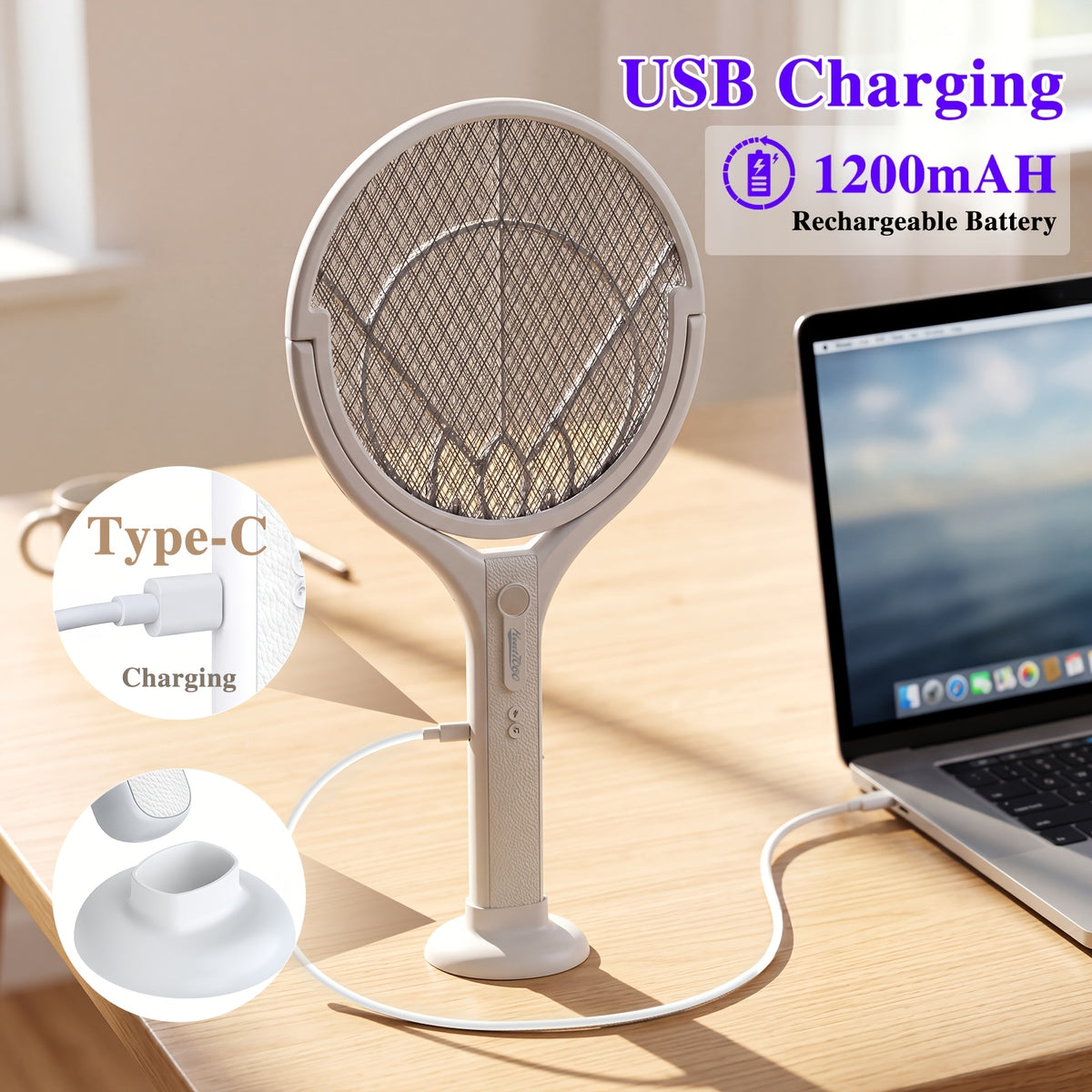 Electric Fly Swatter with Listed Type-C Rechargeable Design, Detachable Construction and Automatic Mode Wording, Single-Piece Indoor Insect-Control Tool