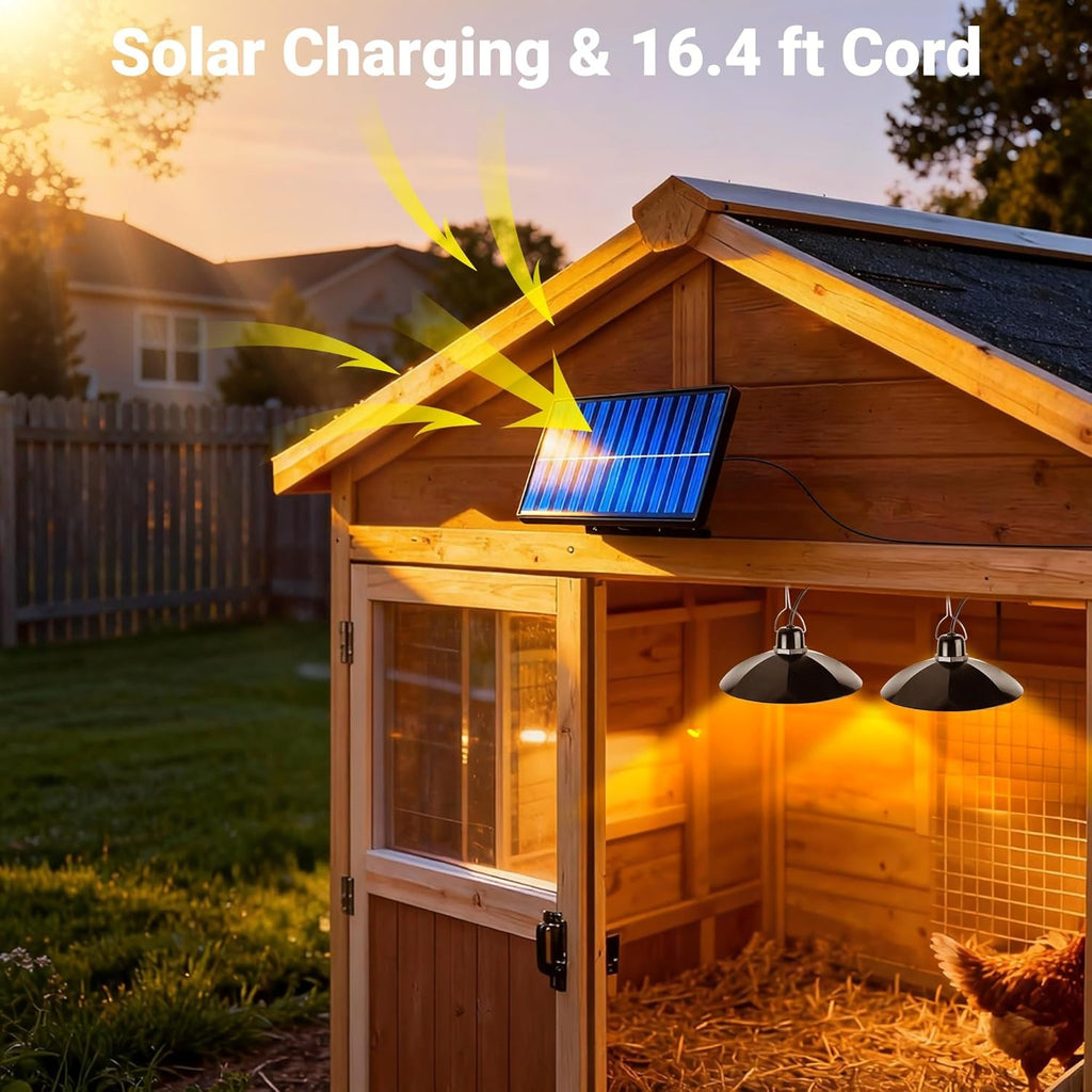 Solar Chicken Coop Pendant Light Set with Two Lamps, Remote, 3/5/8-Hour Timer, Listed 2400mAh Battery and 16.4ft Cord in White Light or Warm Light Options