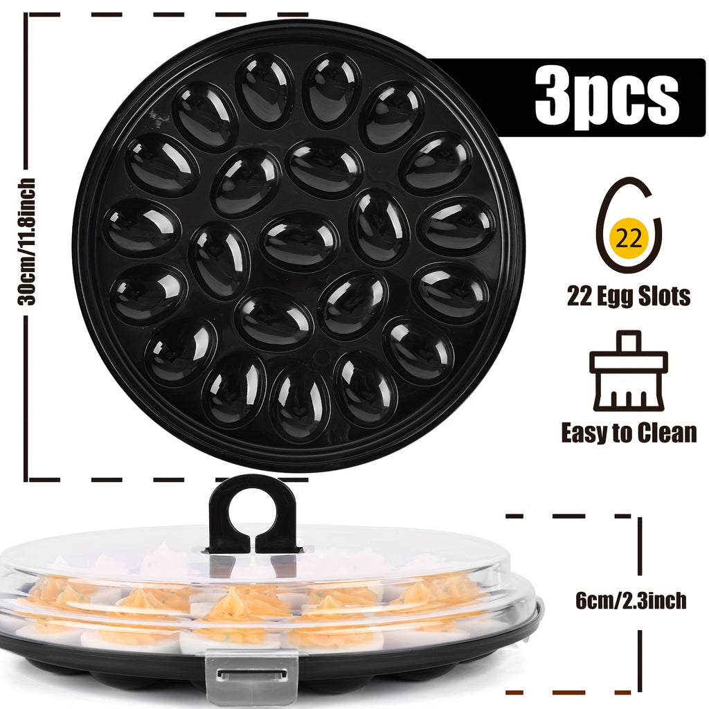 Deviled Egg Carriers with Lids and Folding Handles, Three 11.8-Inch Round Stackable PP Trays with 22 Slots Each for Party Prep, Serving and Upright Transport