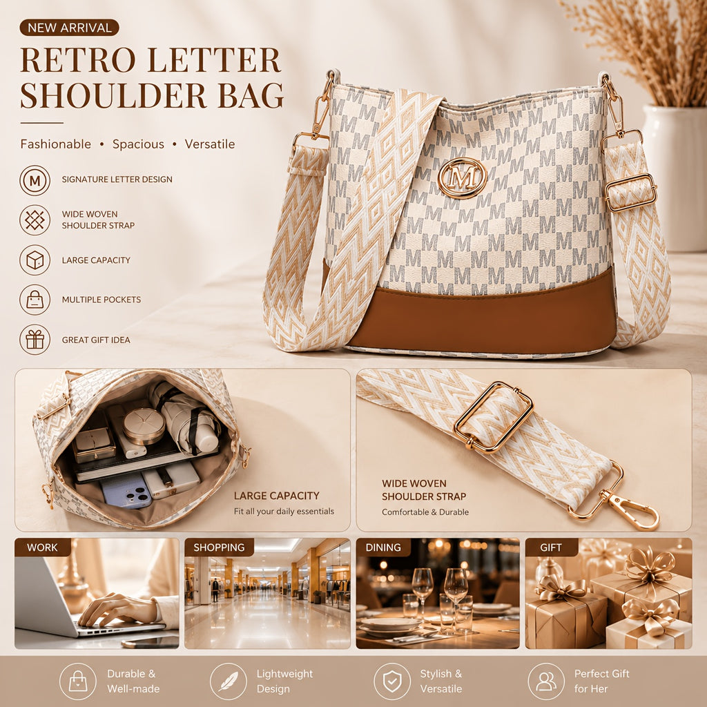 Patchwork Shoulder and Crossbody Bag with Vintage Styling and Wide Lettered Woven Strap, White or Brown Options for Workday Outings, Shopping and Dining
