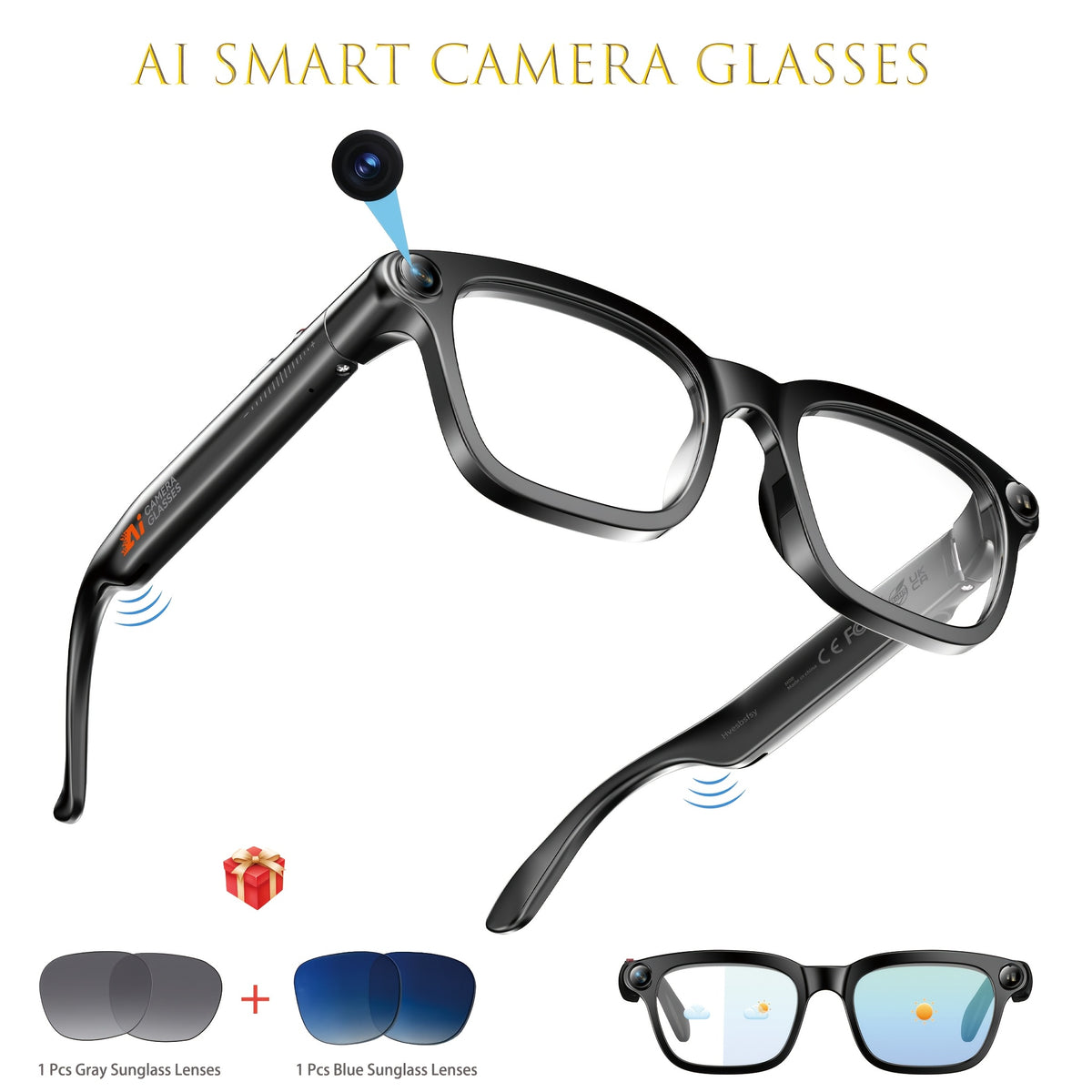 1080P Smart Video Glasses with 163-language Real-time Translation, Wireless Music Calls + HD Video Recording, 8-megapixel Ultra-wide-angle Camera. Suitable for Cycling/driving Recording, Outdoor Fishing, Office Work, Travel, and Audio Recording