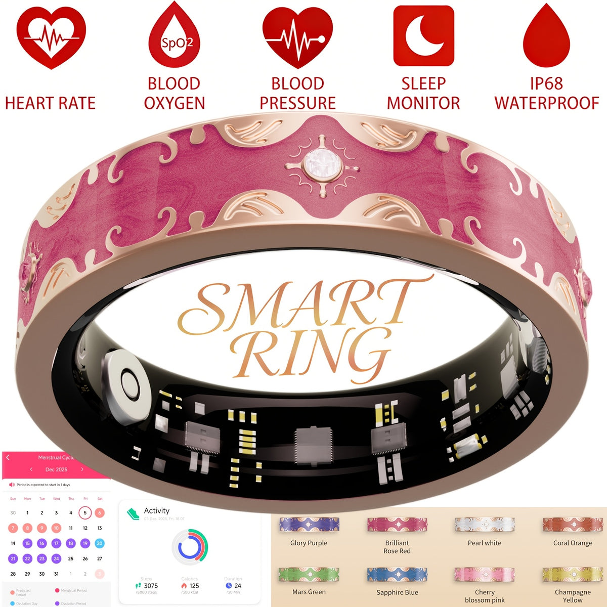 Smart Ring for Women, Fitness Tracker Ring with 120+ Sports Modes, Steps, Distance and Calories Tracking, Stress Monitor and Menstrual Cycle Tracking for iPhone and Android, No Subscription