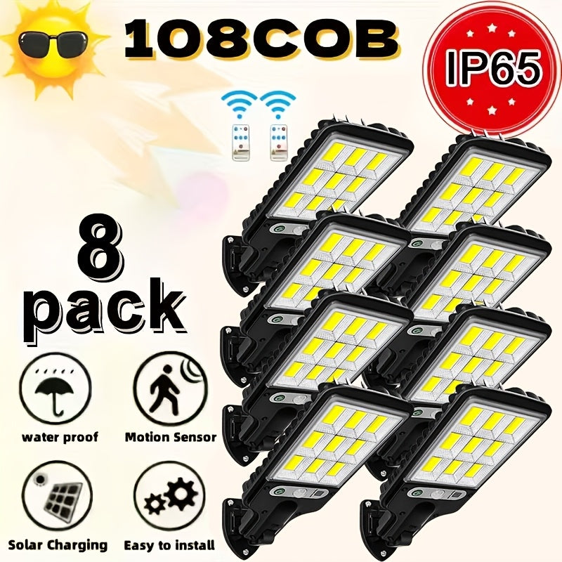 108COB Solar Wall Lights with Remote Control, Motion Sensor and Three Working Modes, 2, 4, 6 or 8-Pack Options for Supplemental Porch and Garage Lighting