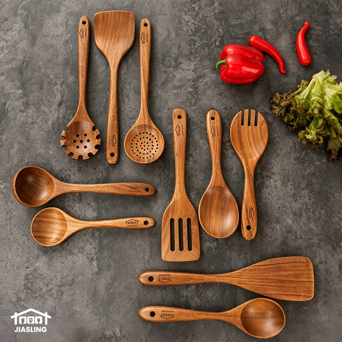 Wooden Cooking Utensils Set, 10-Piece Teak Kitchen Spoon and Spatula Tool Options for Everyday Stirring, Mixing and Meal Preparation in Home Kitchens