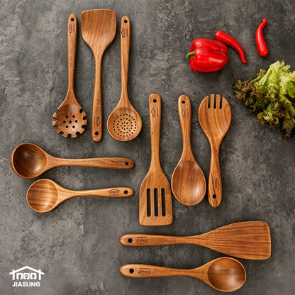 Wooden Cooking Utensils Set, 10-Piece Teak Kitchen Spoon and Spatula Tool Options for Everyday Stirring, Mixing and Meal Preparation in Home Kitchens