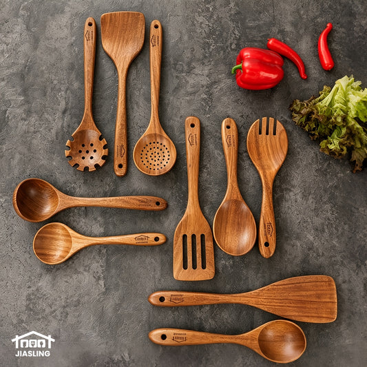Wooden Cooking Utensils Set, 10-Piece Teak Kitchen Spoon and Spatula Tool Options for Everyday Stirring, Mixing and Meal Preparation in Home Kitchens