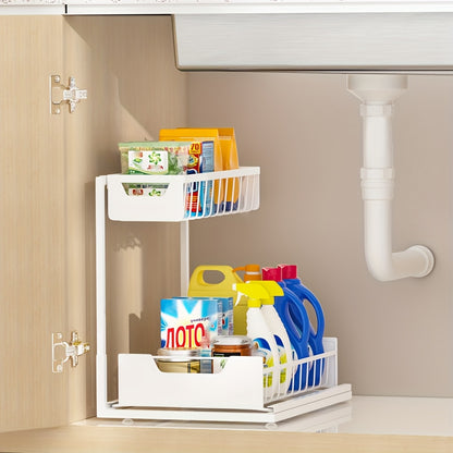 Two-Tier Sliding Under Sink Organizer for Kitchen and Bathroom Cabinets, Metal Pull-Out Storage Rack in Black, White or Gray with Single and Two-Pack Options