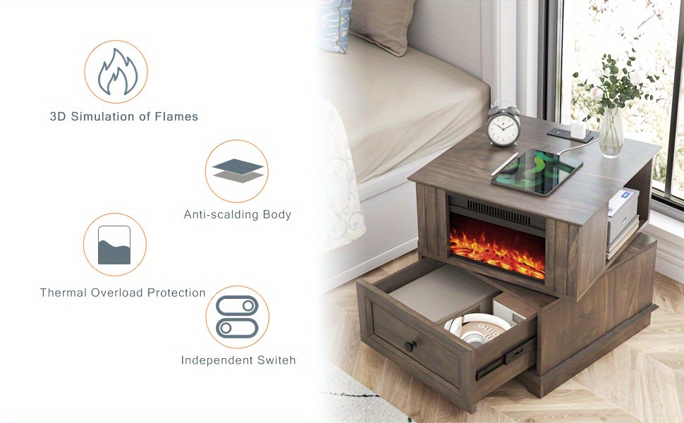 Electric Fireplace End Table with Listed 180-Degree Rotation and 13-Inch Screen, Storage and Charging Station, Six Finish Choices for Living Room Layouts