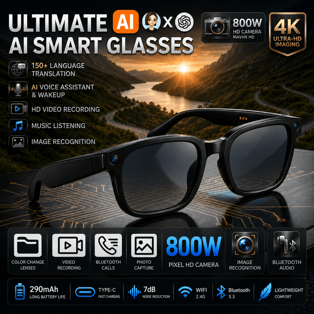 8MP-Labeled AI Camera Smart Glasses in Black with Video and Audio Recording, Bluetooth Calls and Music, Touch Controls and Listed Translation Features