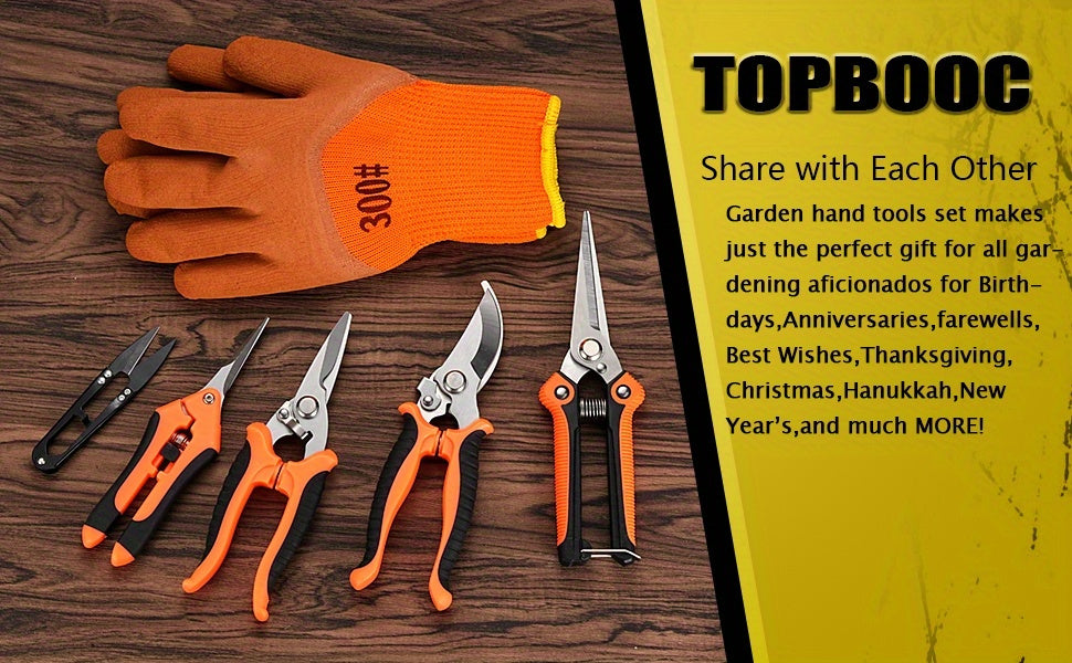 Garden Pruning Shears Set with Listed Stainless Steel Blades and Storage Bag, Five-Piece Tool Wording in Multicolor or Orange and Black for Plant Maintenance