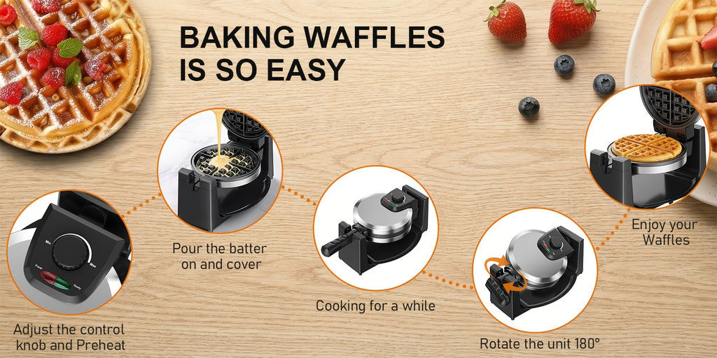 Rotating Belgian Waffle Maker with Listed 180-Degree Flip and Adjustable Browning, Silvery Single-Layer or Double Waffle Iron Options for Home Breakfasts