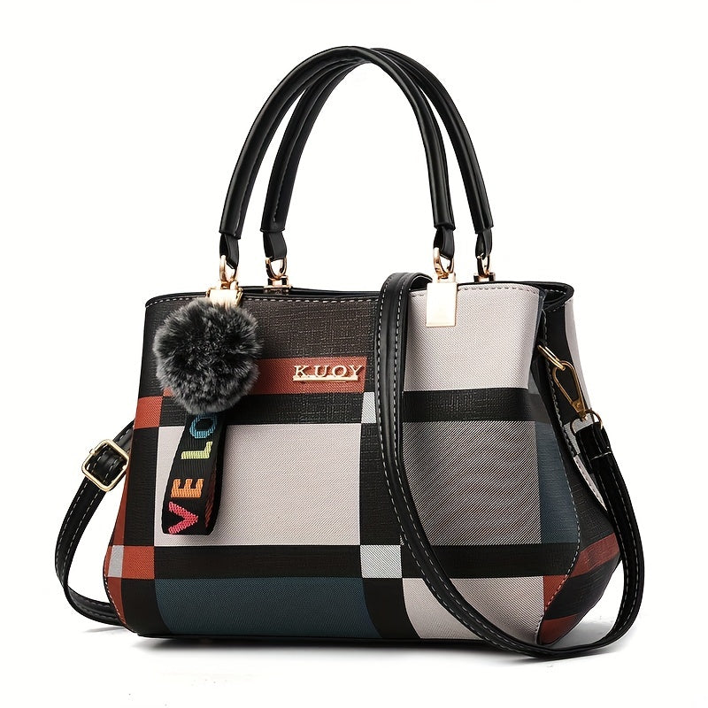 Plaid Colorblock Satchel Purse with Plush Ball Pendant, Burgundy or Black Handbag with Tote and Crossbody Styling References for Everyday Outfits and Casual Occasion Accessories