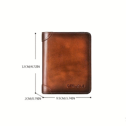 RFID Blocking Leather Wallet for Men with Listed Two ID Windows and Vintage Short Design, Yellow Brown, Grey Blue and Black Bifold Style Options