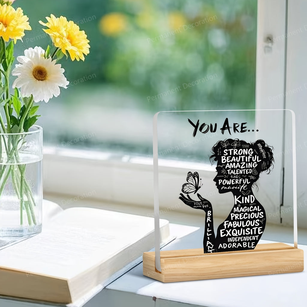 Positive Affirmation Desk Decor, 1-Piece Flat Acrylic Decoration with You Are Powerful, Beautiful, Amazing Message for Home Office and Encouragement Gifts