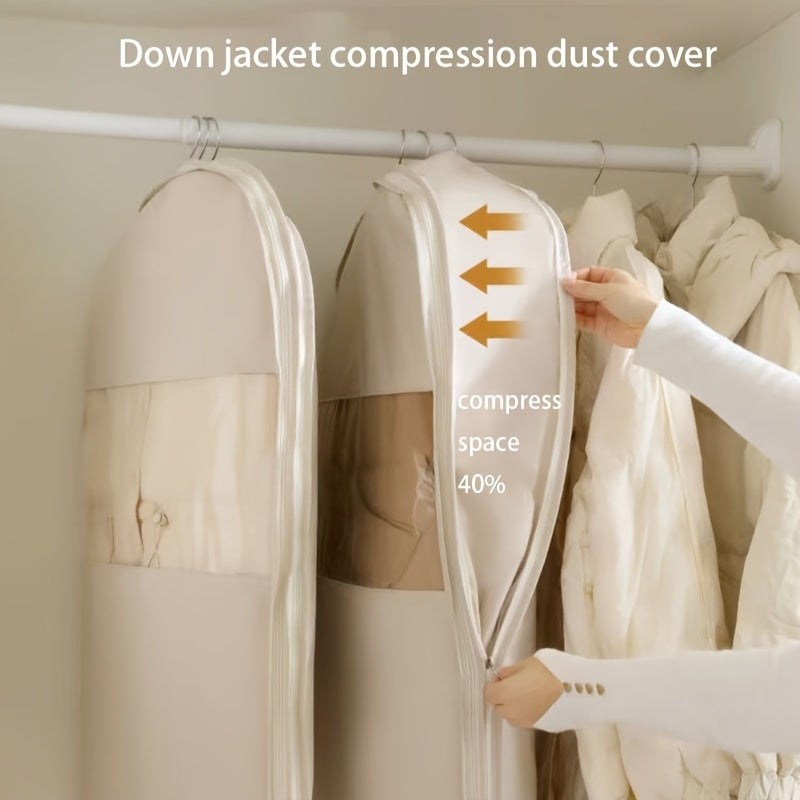 Hanging Compression Garment Storage Bags with Listed See-Through Design and Zipper, Small, Medium or Large Labels in Beige or Pink for Winter Wardrobe Organization