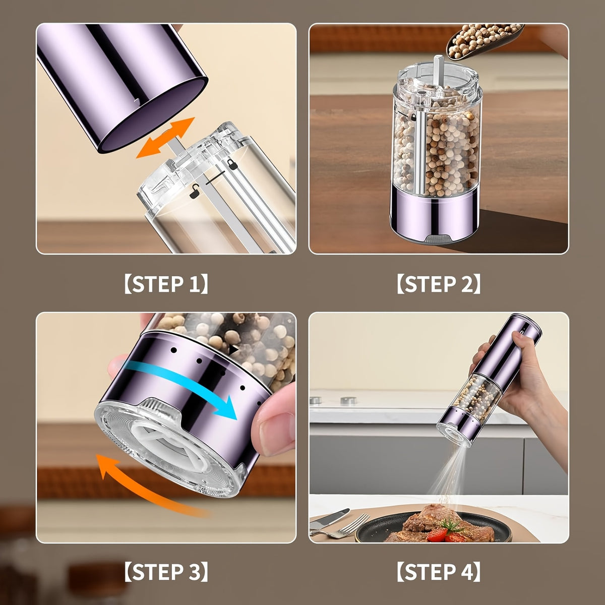 Automatic Salt and Pepper Grinder Set, 2 Refillable Electric Mills in Silvery with LED Light, Adjustable Coarseness and One-Handed Operation for Kitchen Seasoning