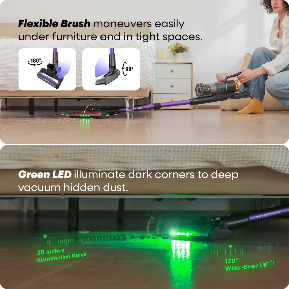Detachable-Battery Cordless Vacuum Cleaner in Purple with Listed 46kPa Suction, Six-Stage Filtration and V-Shaped Brush Features for Home Floor and Pet Hair Cleanup