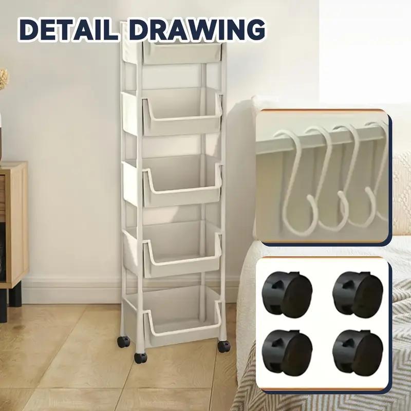 5-Tier Plastic Storage Rack with Open Shelves and Hooks, One Floor-Standing Organizer for Kitchen, Entryway, Shoes and Everyday Home Storage
