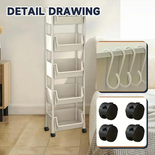 5-Tier Plastic Storage Rack with Open Shelves and Hooks, One Floor-Standing Organizer for Kitchen, Entryway, Shoes and Everyday Home Storage