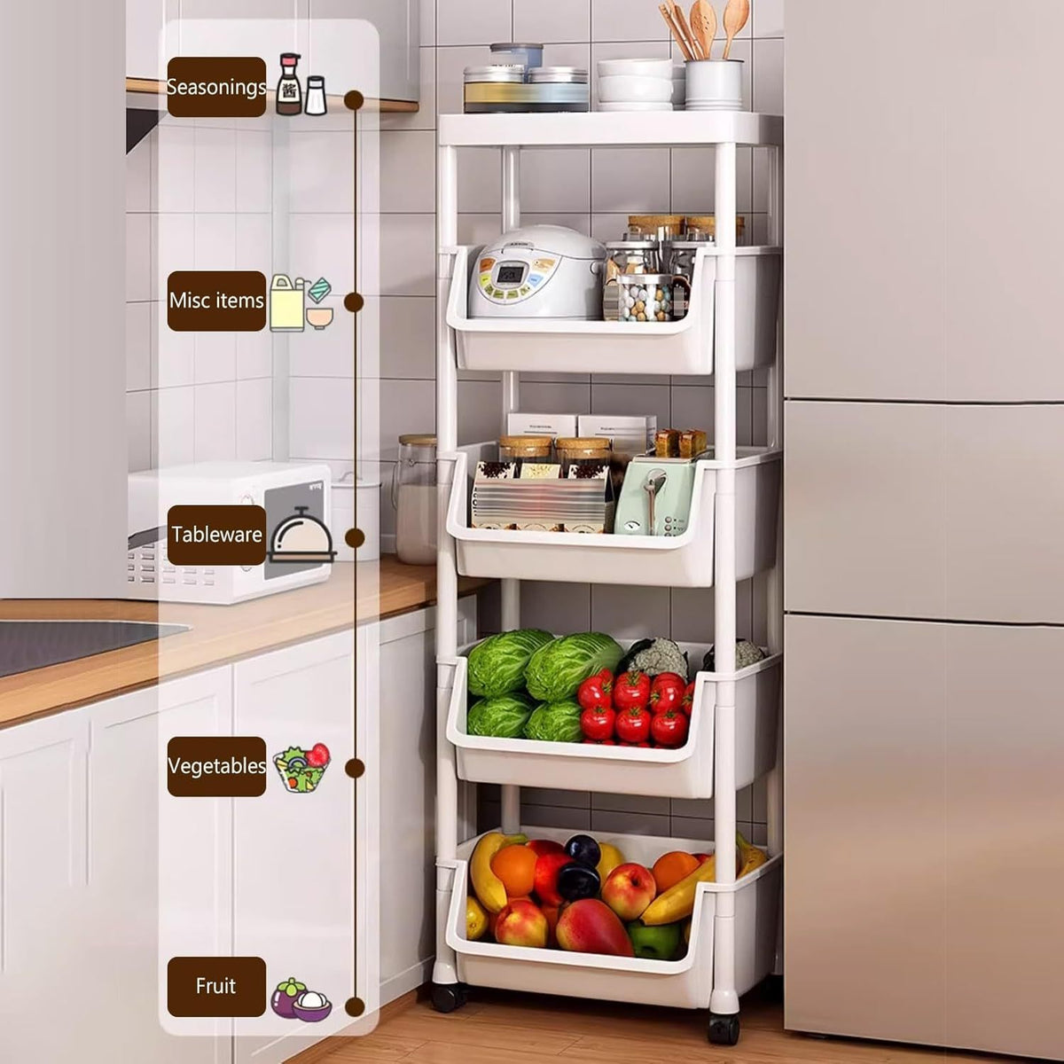 5-Tier Plastic Storage Rack with Open Shelves and Hooks, One Floor-Standing Organizer for Kitchen, Entryway, Shoes and Everyday Home Storage