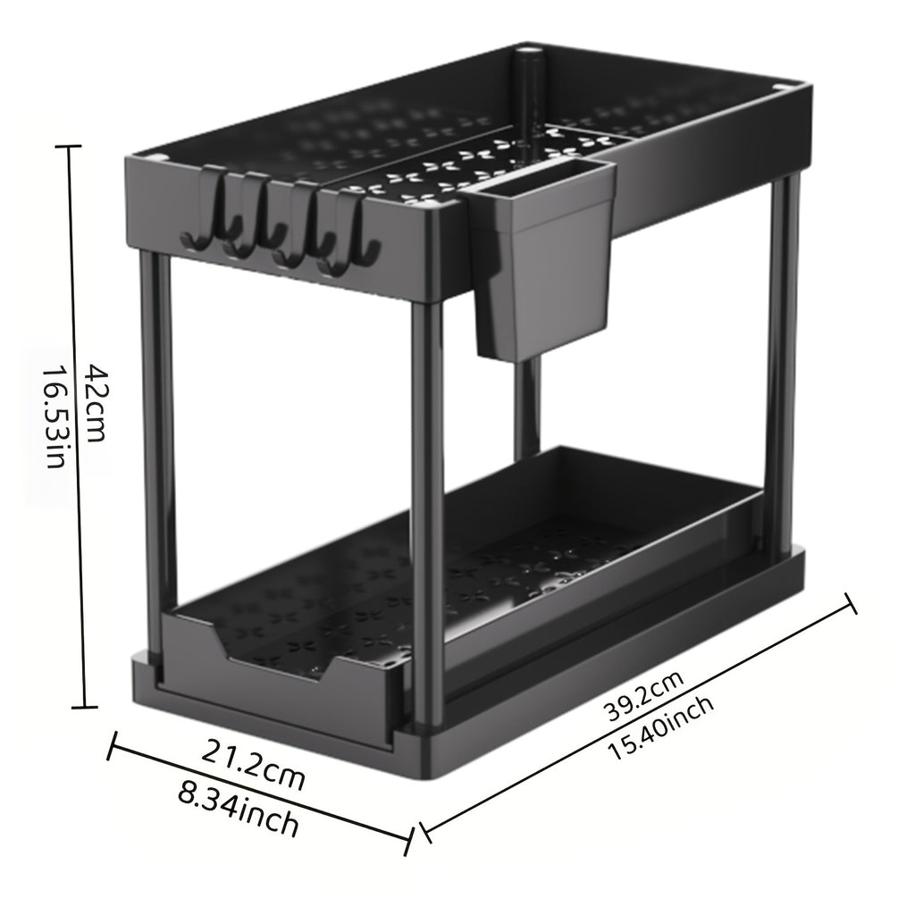 Hook and Bucket Under Sink Organizer, Two-Tier Sliding Cabinet Storage Rack with Listed Five Hooks and One Bucket, Single or Double Options for Kitchen and Bathroom